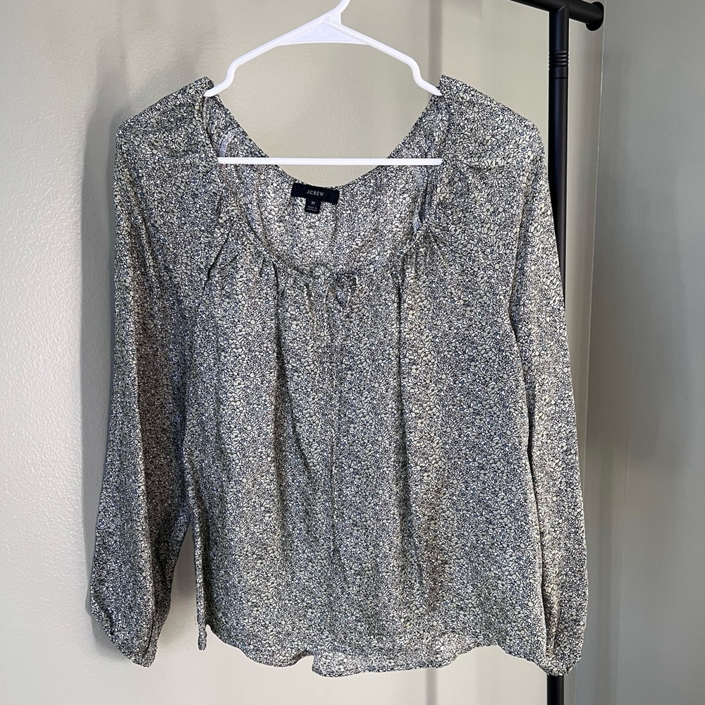 J. Crew Green and White Patterned Blouse